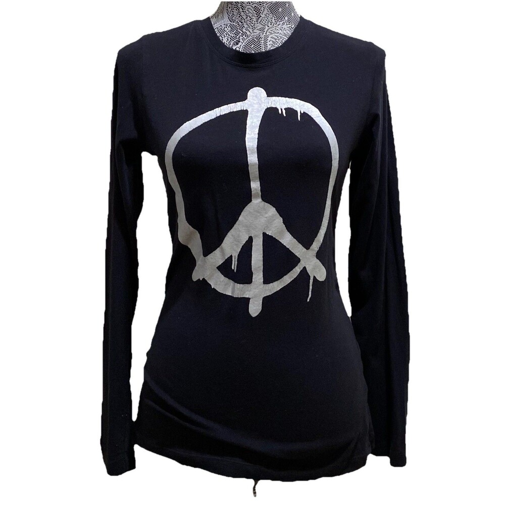 ISDA & CO Peace Sign Graphic Long Sleeve Black Metallic Foil Stretch Top XS - Picture 7 of 15